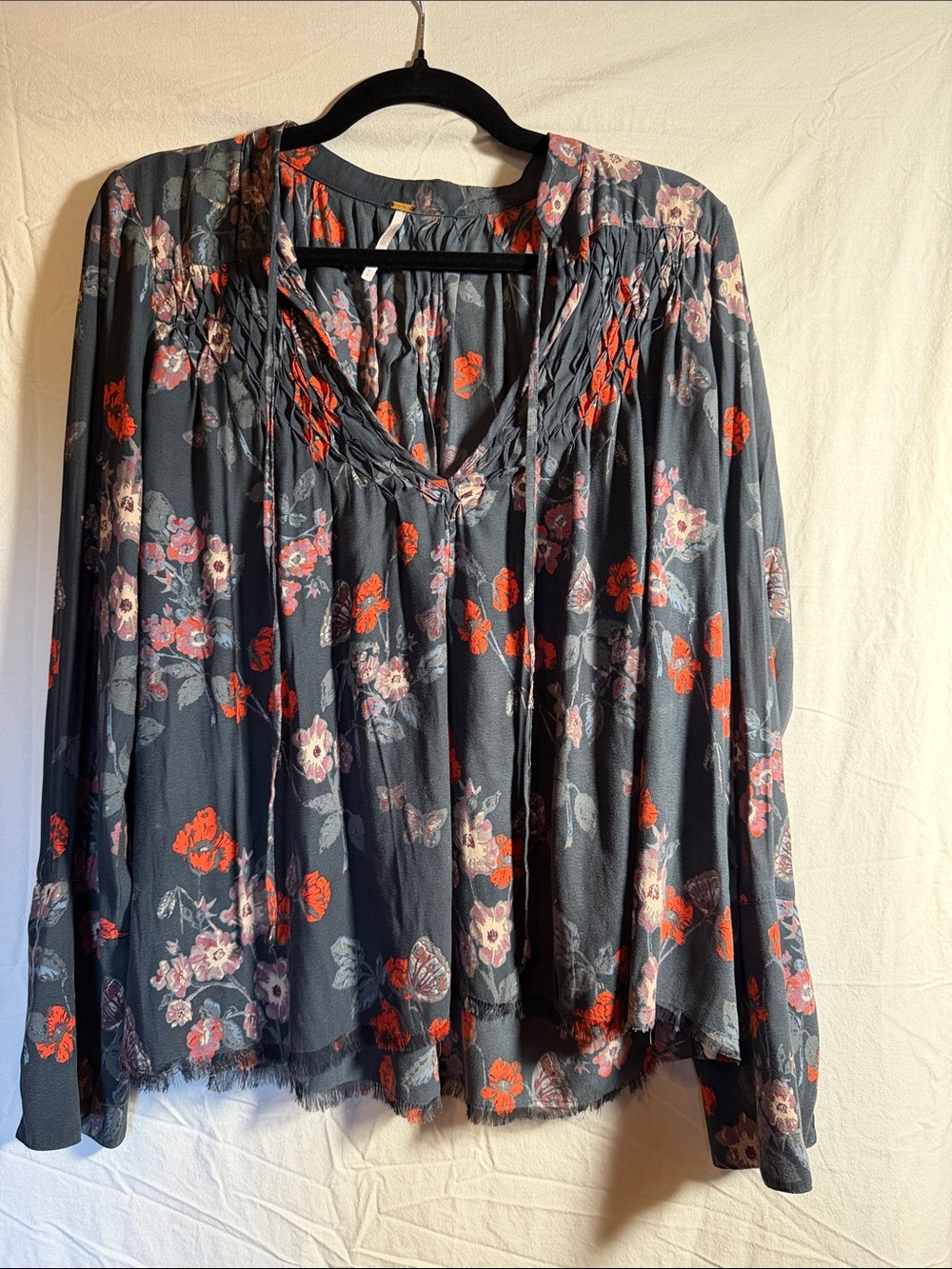Free People Black Floral Long-Sleeve Peasant Blouse